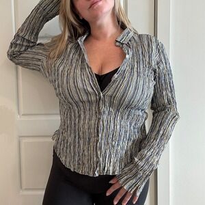 Vintage Sportif Striped Long Sleeve‎ Crinkle Button Down Shirt Y2K Size Large